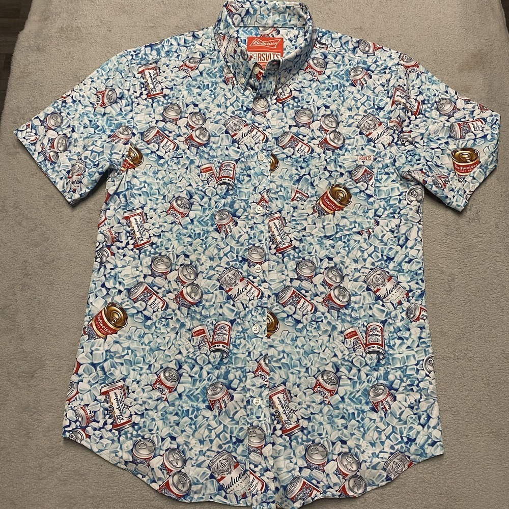 RSVLTS Budewesier Shirt Mens Medium Dads Cooler Ice Beer Can Kunuflex AOP